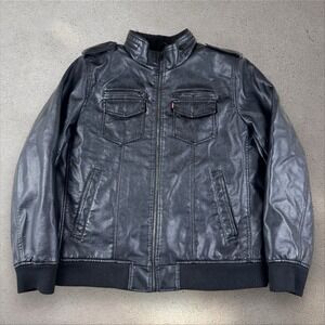 Levis Men's XL Black Faux Leather Sherpa lined Aviator Bomber‎ Jacket